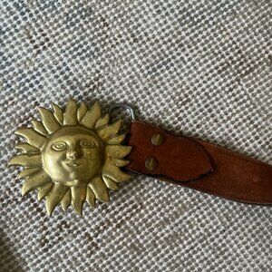 Vintage Brown Leather Belt with Gold Sun Buckle